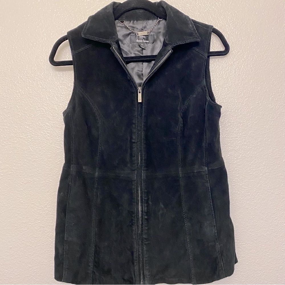 Dennis Basso Black Leather Suede washable Vest full zip longer tunic -XS